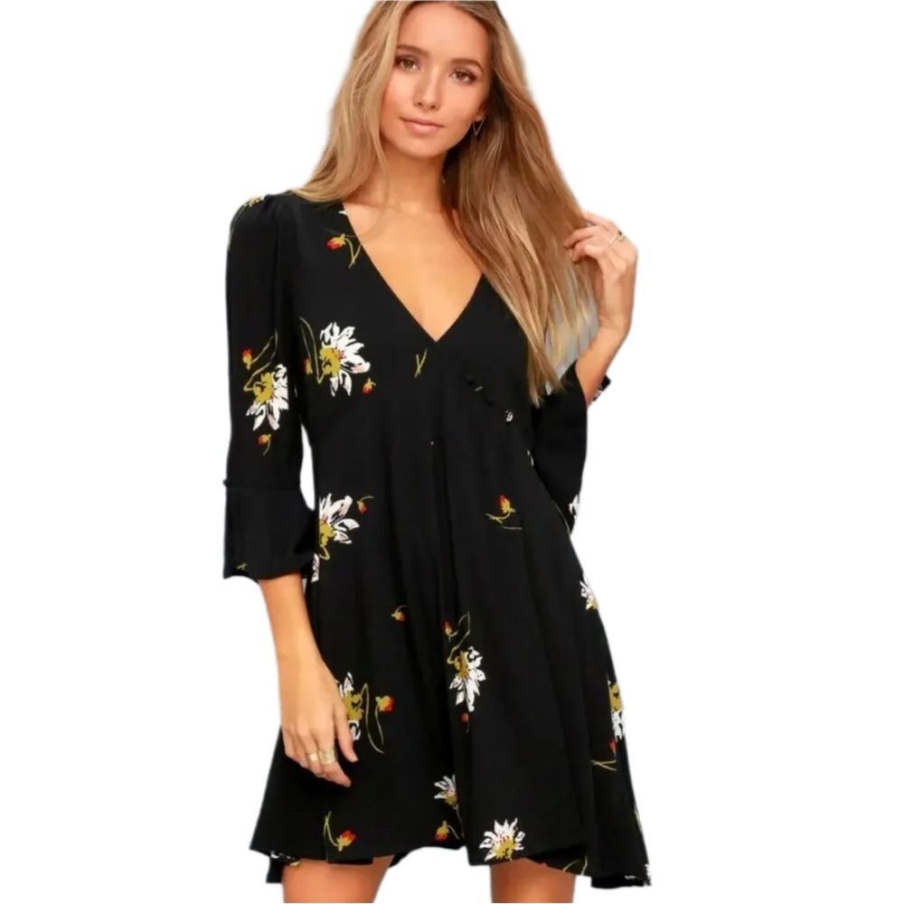 Women’s FREE PEOPLE ‘Time On My Side’ Floral Wrap Black Dress Size S NWT